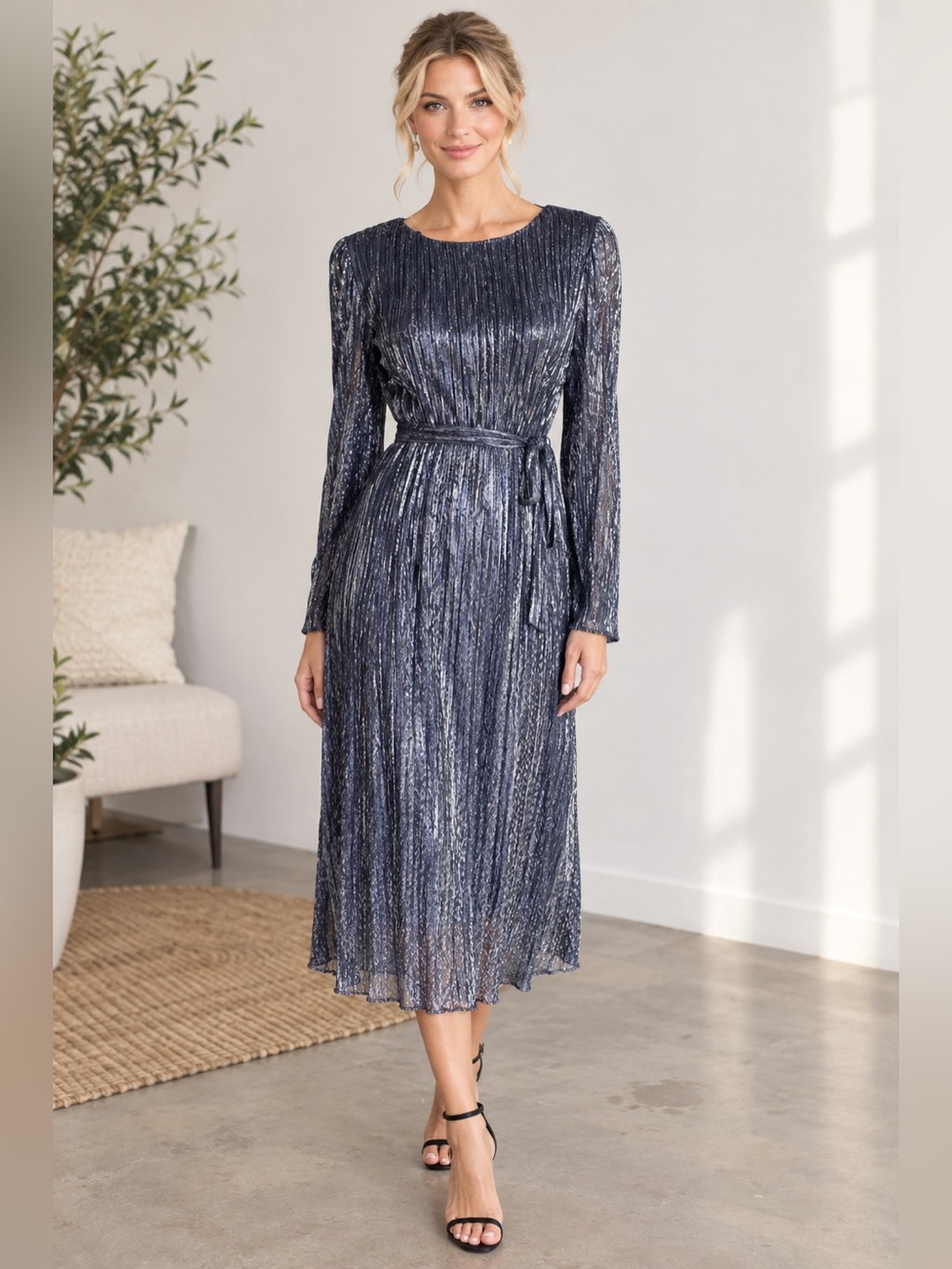 Chetta B Shimmery Navy Silver Dress Size 6 NWT